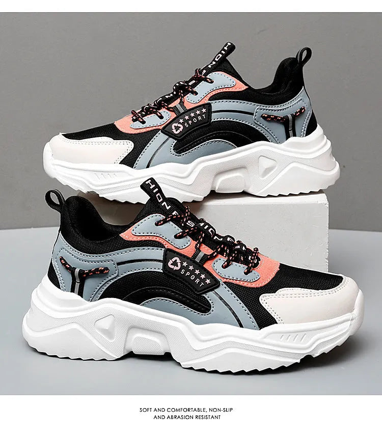 Women's white mesh casual sports shoes with thick sole and buckle fastening