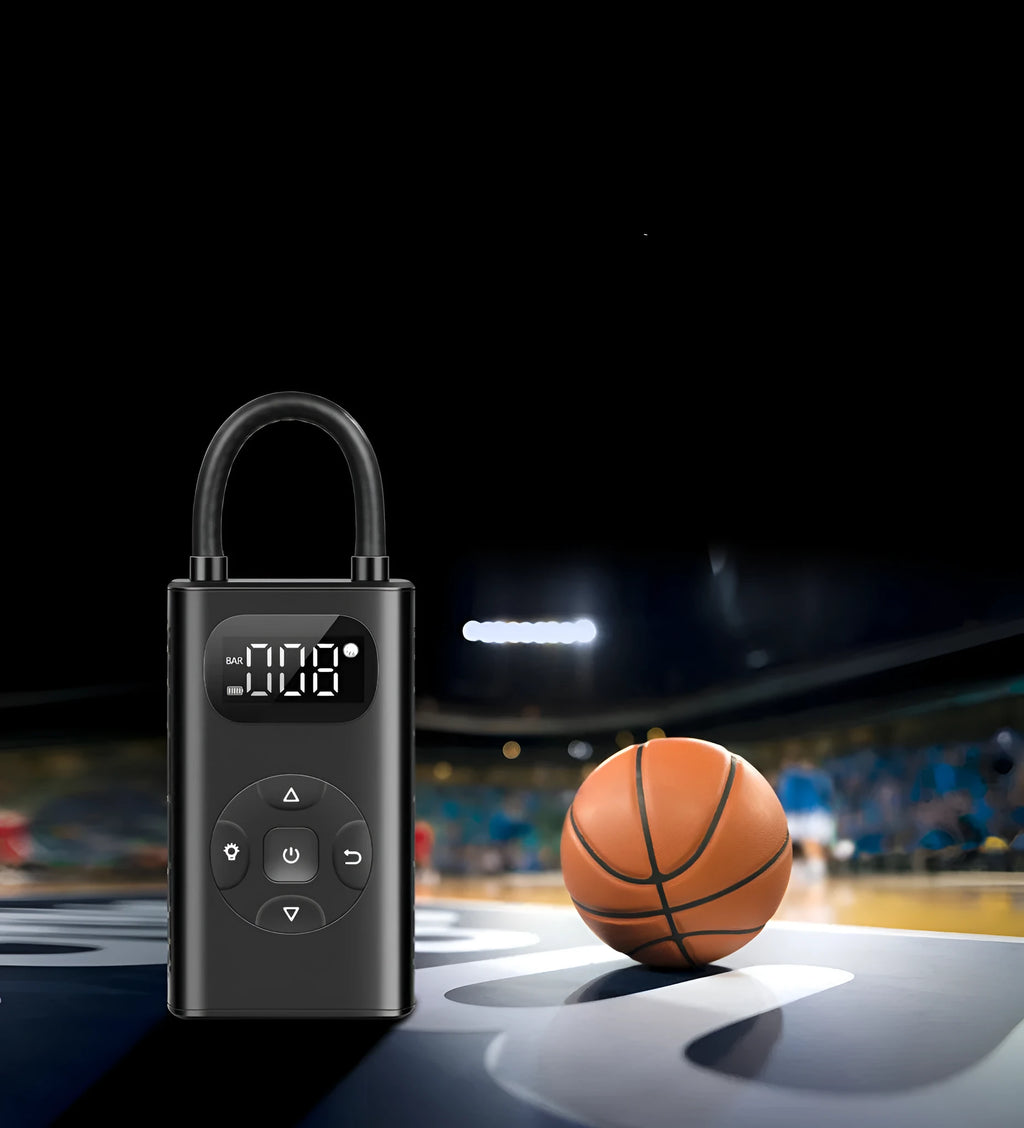 Black portable USB tyre inflator with digital display and air hose for cars and bikes.