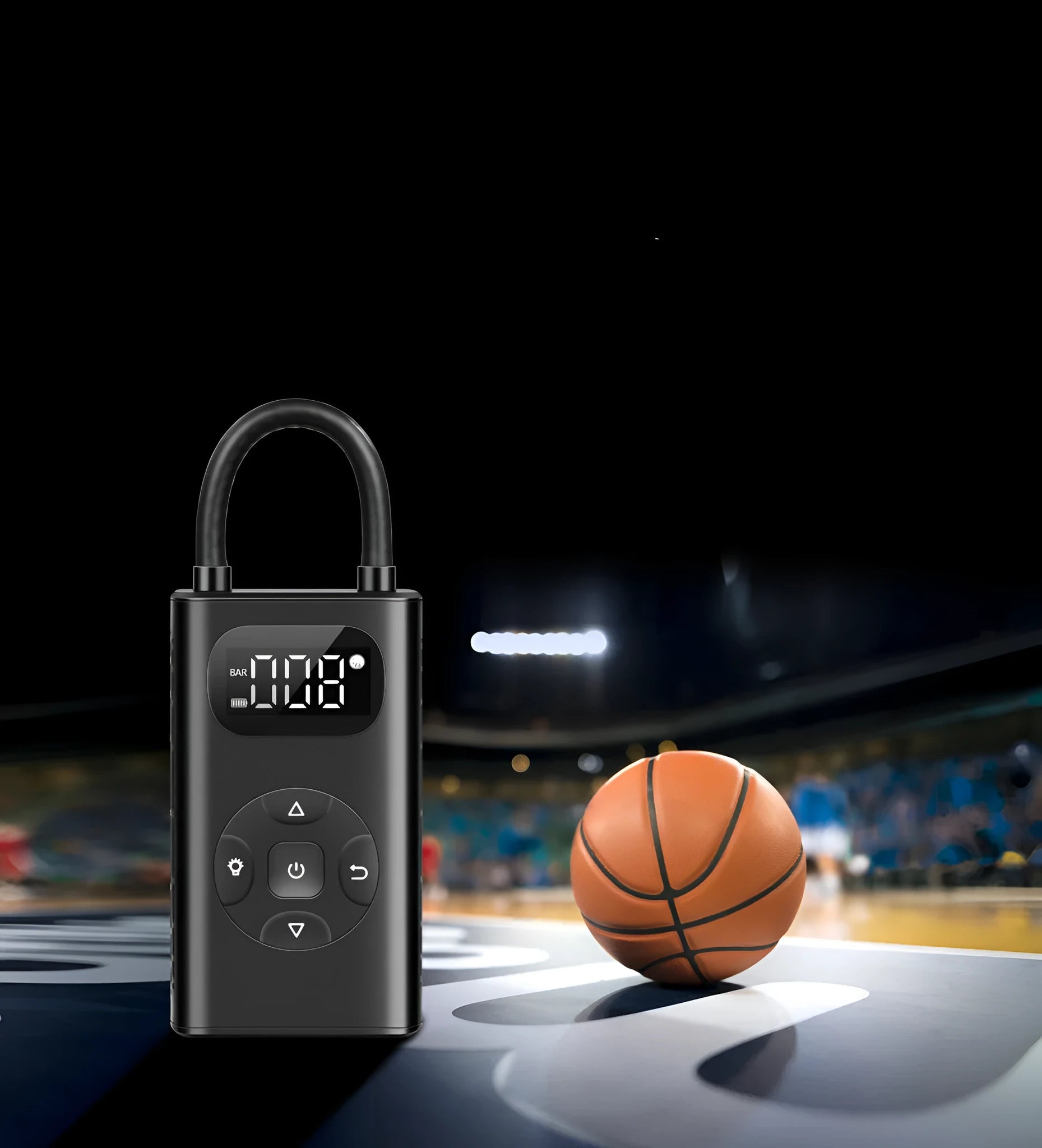 Black portable USB tyre inflator with digital display and air hose for cars and bikes.