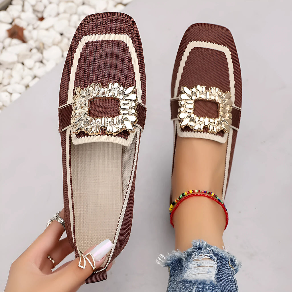 Flyknit slip-on square toe rhinestone flat shoes for women in beige with cloth lining