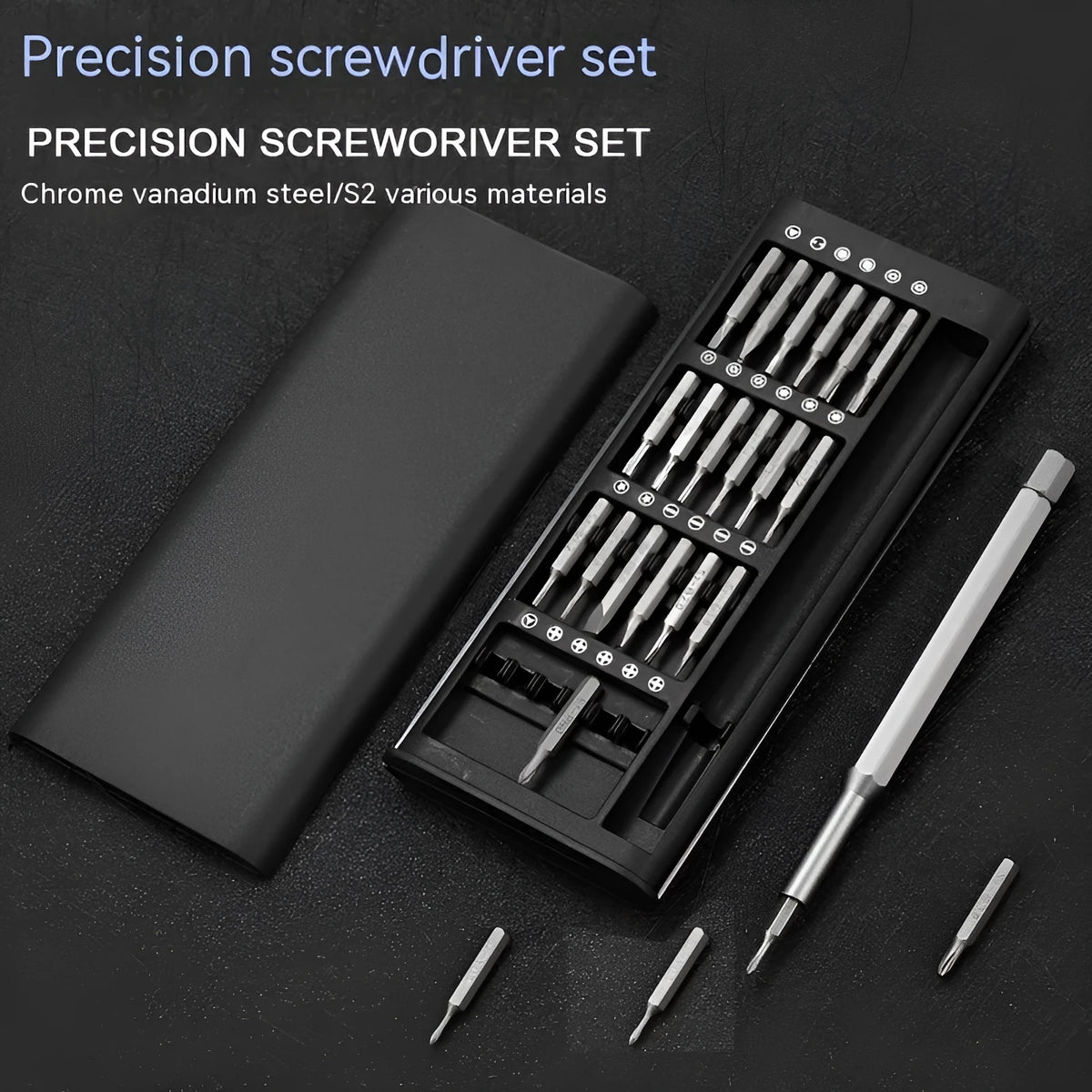 24 in one magnetic precision screwdriver repair tool set with aluminium handle and 4mm bits.