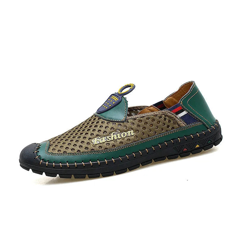 Men's brown casual shoes with mesh fabric upper and rubber sole, showing round toe and shallow-cut design.