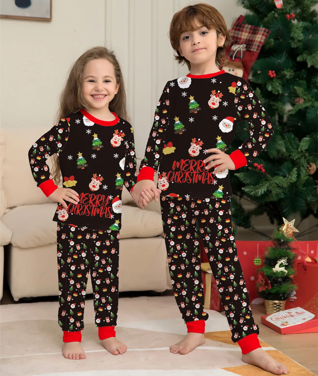 Family Christmas matching cotton pajamas set showing Dad, Mum, child, baby, and dog in coordinated festive sleepwear