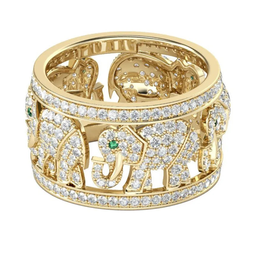 Close-up of an electroplated alloy ring with a diamond-set elephant design on a finger.