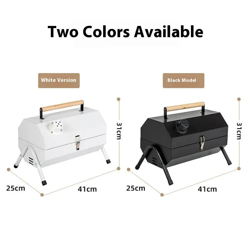 White portable folding grill with round chimney oven baking net and carbon tank configuration