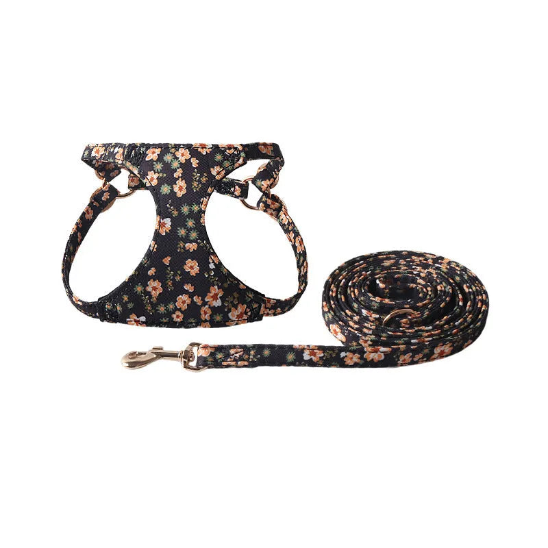Floral dog harness and leash set in cloth material with single chest back design