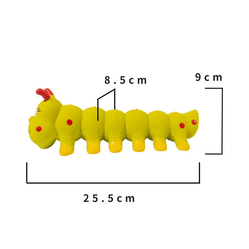 Yellow rubber caterpillar-shaped dog squeaky toy with measurements