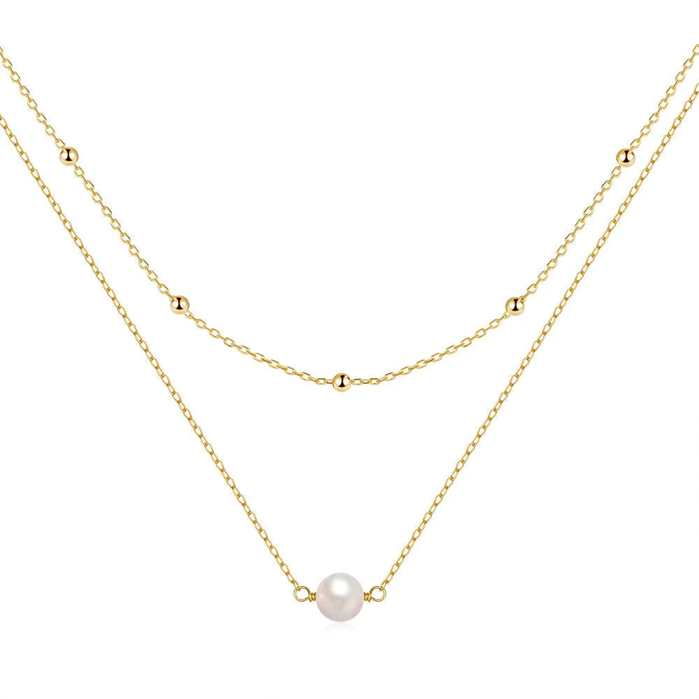 S925 sterling silver double layer pearl necklace with ball bead chain in gold colour option