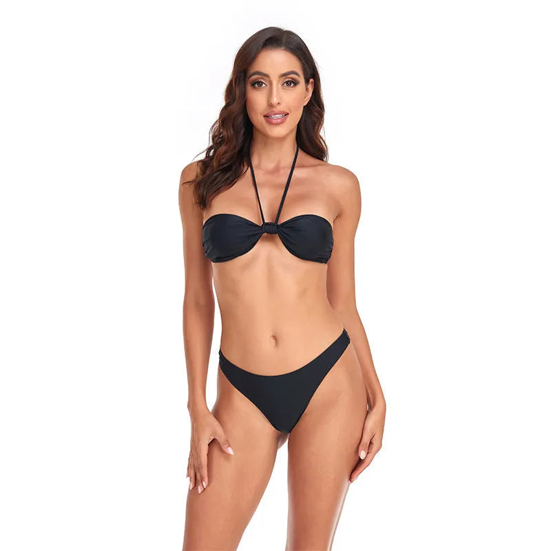 Black women's bikini set with lace-up tube top and matching briefs on mannequin