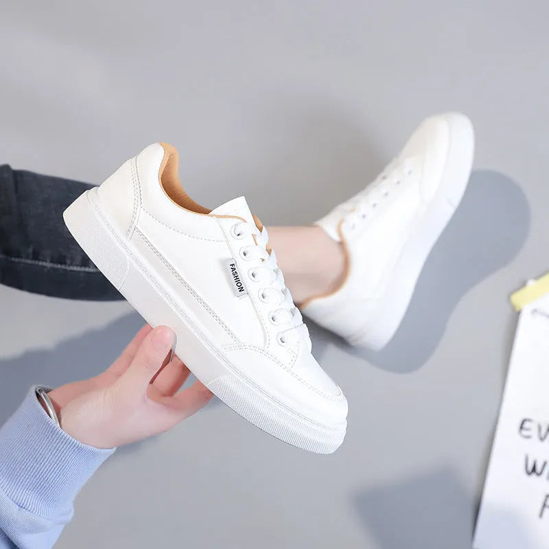 Korean style low top women's sneakers in white and brown with artificial PU upper