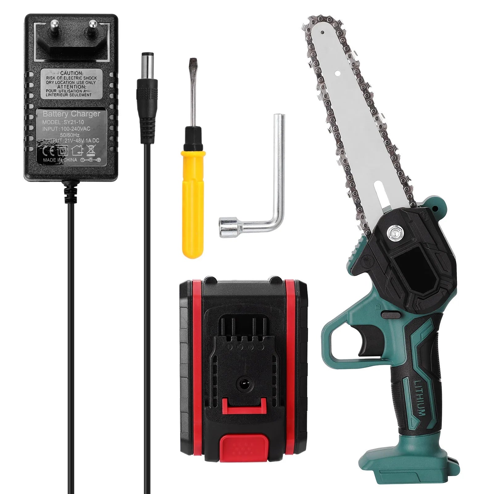 Black one-handed mini electric chainsaw with a 4-inch guide bar, shown with a lithium battery pack.