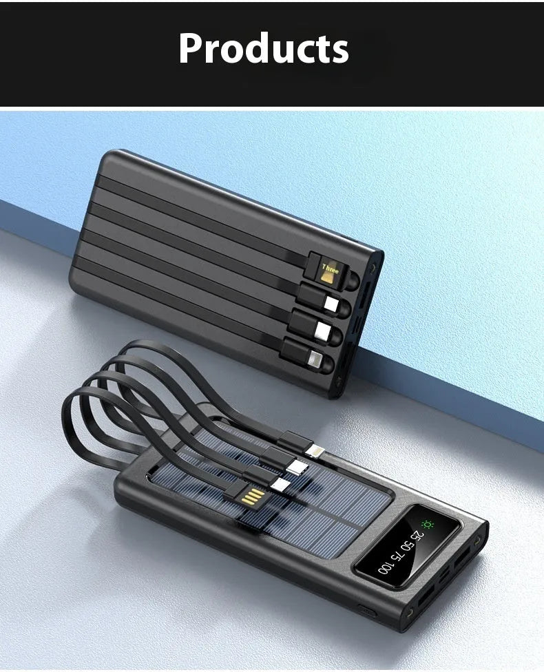 Solar power bank with integrated cable showing 20000mAh capacity and solar panel in black plastic case