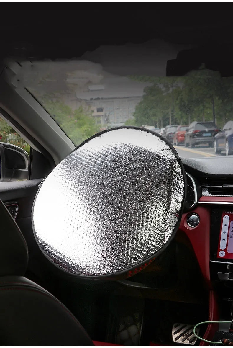 Aluminium foil steering wheel sunshade cover with brand logo pattern for universal fit