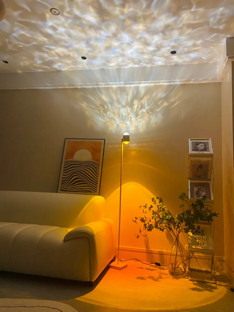 Sunset red water wave projection floor lamp with colour cards and minimalist modern design