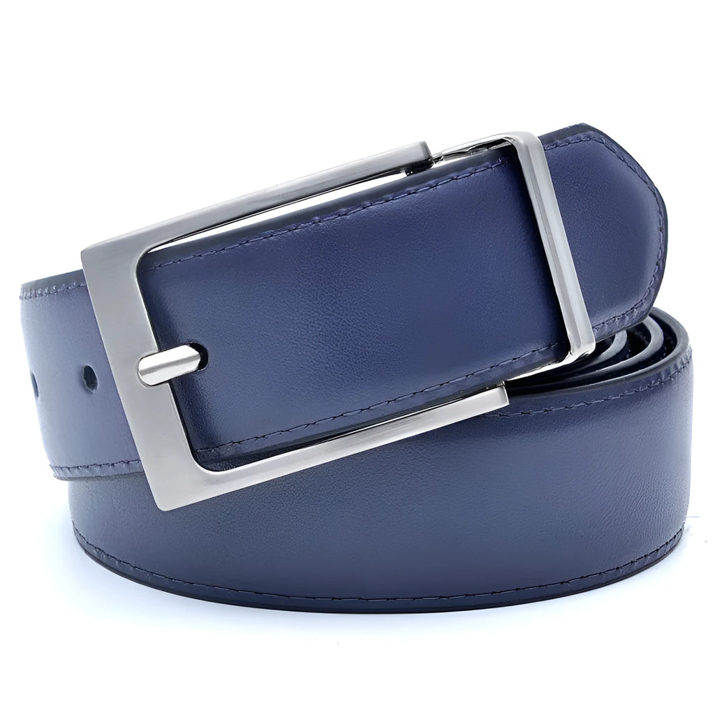 Men's dark brown and black leather belt with a silver alloy rotating pin buckle.