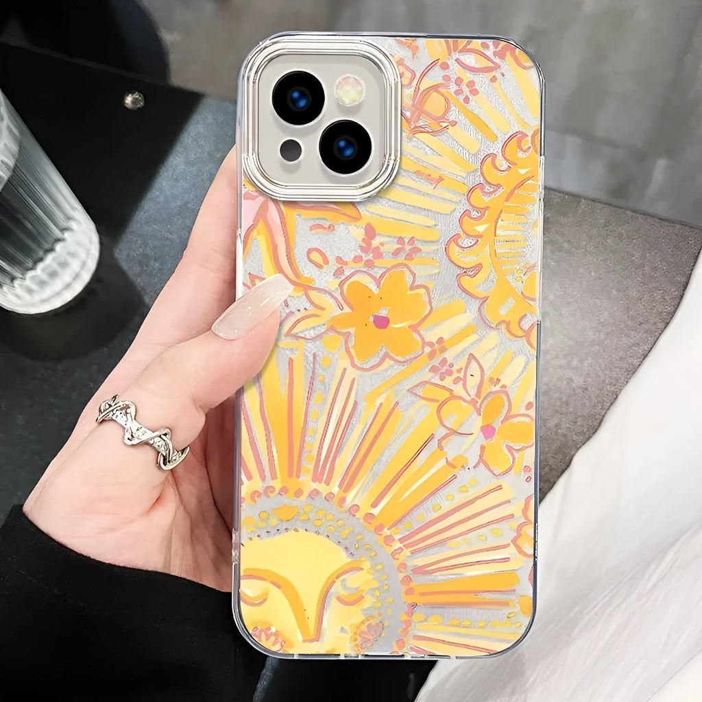 Silver Gray hard phone case with chain for iPhone showing feather yarn IMD-transparent Posey Sun design