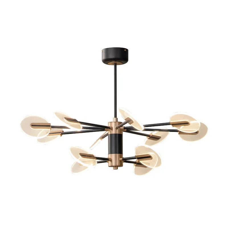 Nordic style iron frame LED chandelier with multiple heads and acrylic diffuser shades.