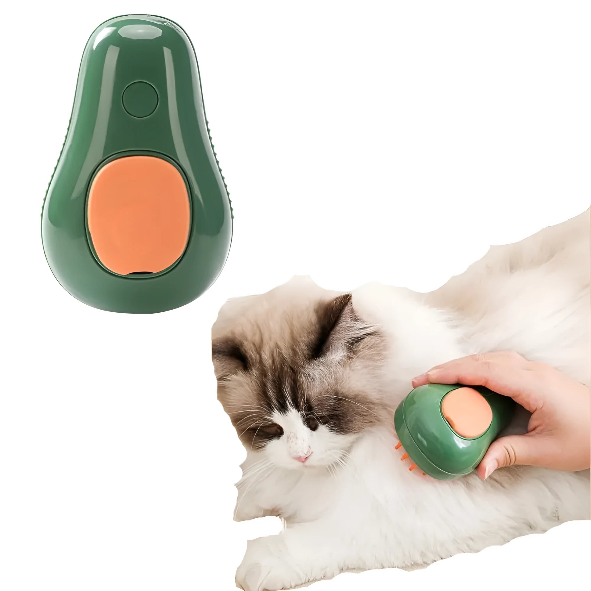 Green and white rechargeable cat steam brush with silicone teeth for grooming and massage.