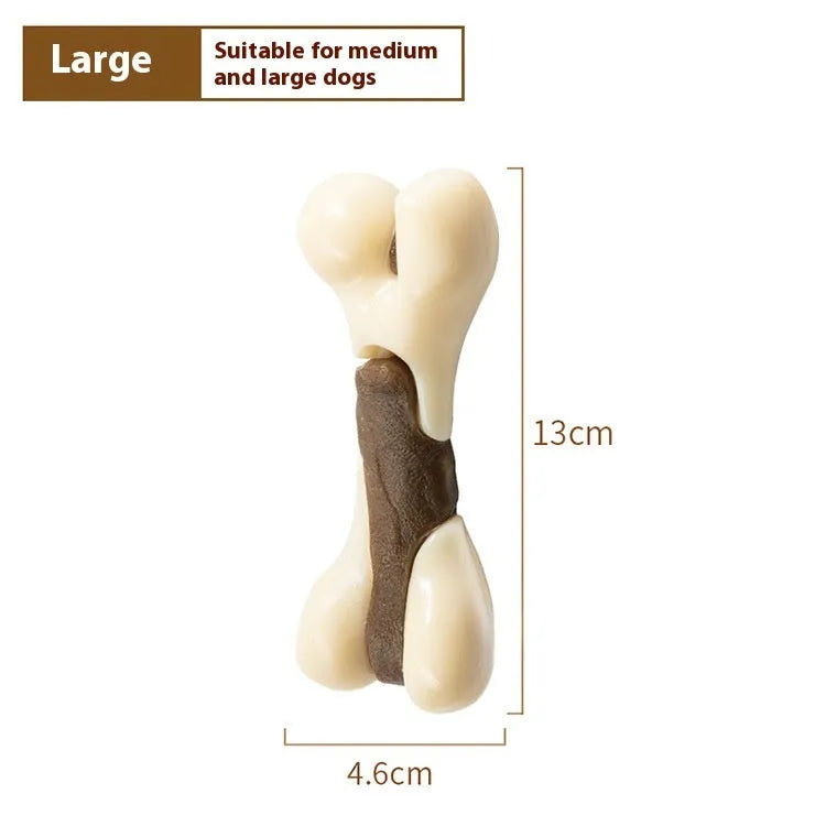 Bone-shaped dog chew toy with cowhide and nylon construction for dental cleaning