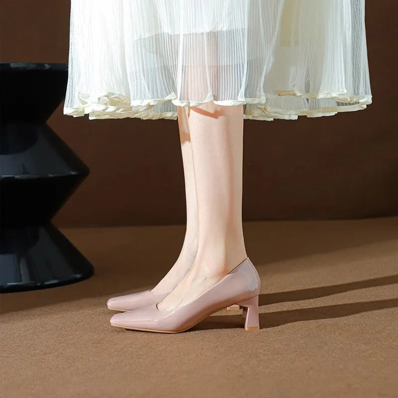 Classic style patent PU square toe mid heel pumps for women in nude pink