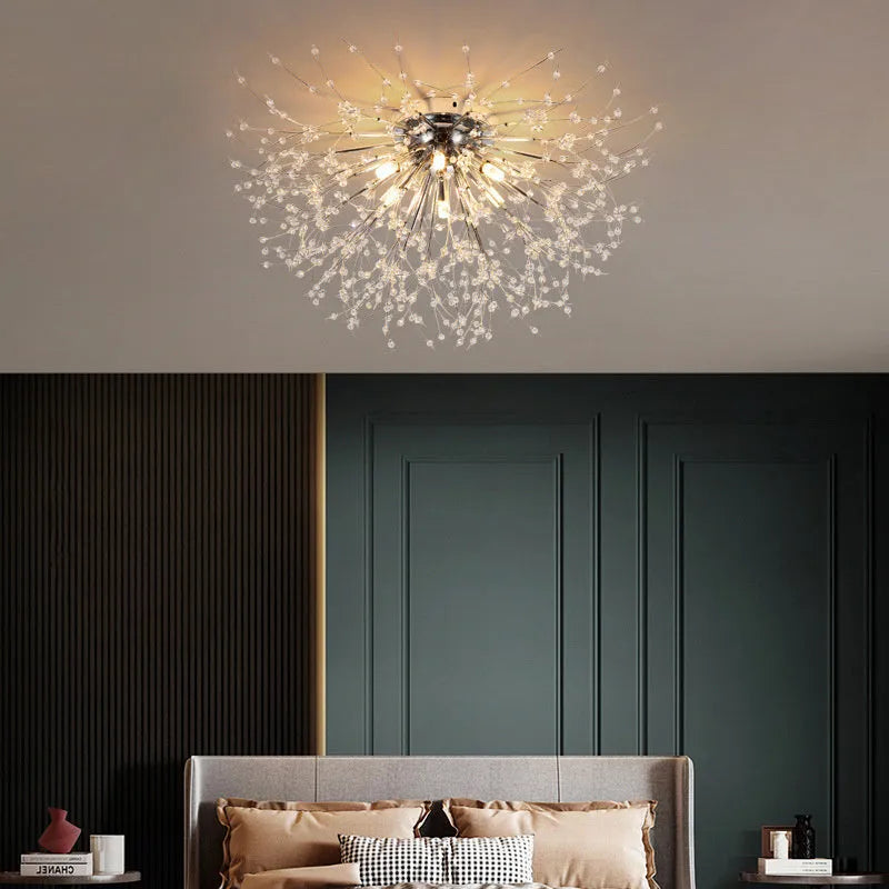 Wrought iron ceiling lamp with dandelion crystal shade chrome finish 40cm four LED heads