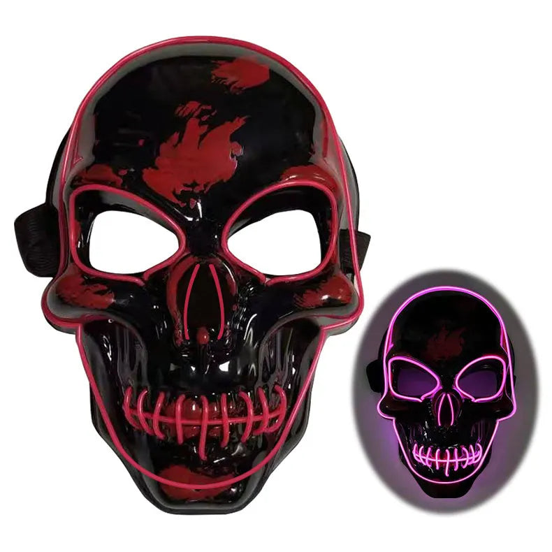 LED skeleton mask with blue glow showing eye and mouth openings on plastic face