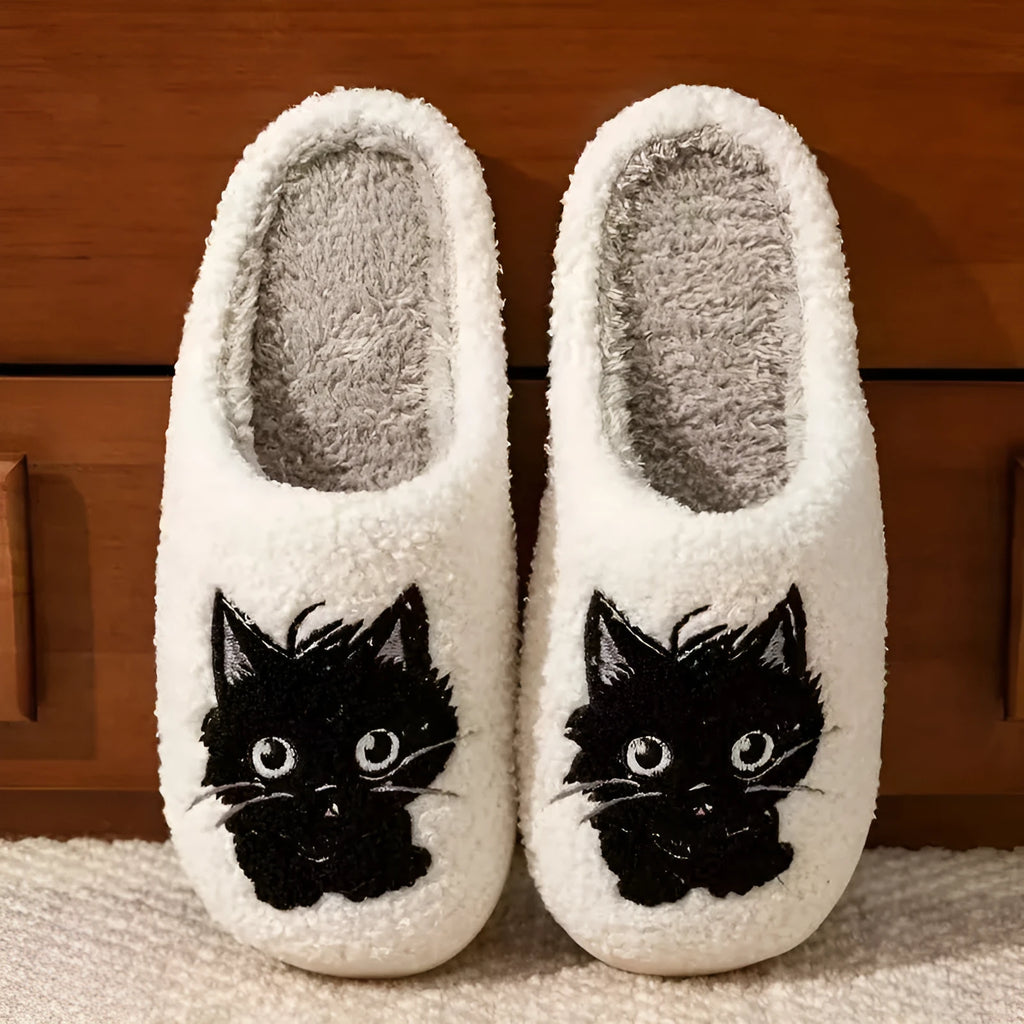 White plush slippers with Black Beard Cat couple cartoon pattern and non-slip TPR soles.