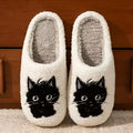 White plush slippers with Black Beard Cat couple cartoon pattern and non-slip TPR soles.
