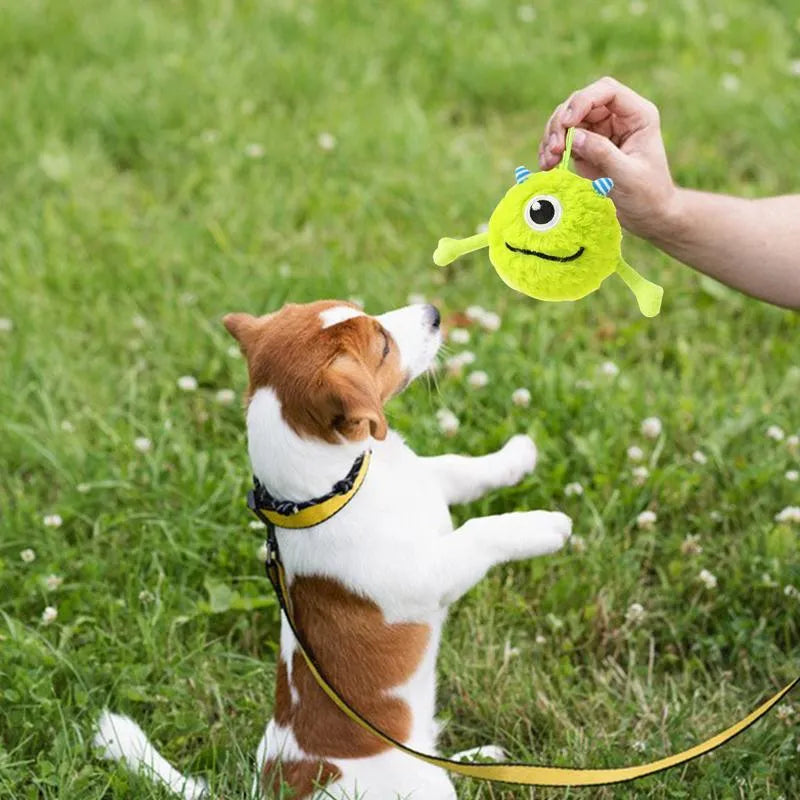 Green plush and TPR dog toy ball with sound interactive teething design