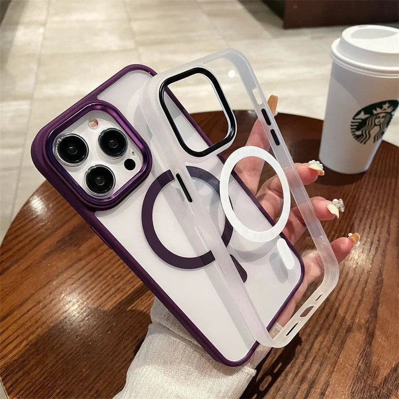 Acrylic magnetic soft edge phone case for iPhone 15 with anti-fingerprint finish in black colour