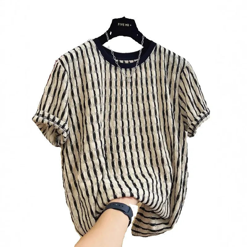 Men's black short sleeve shirt with stripes, loose linen silk blend pullover top
