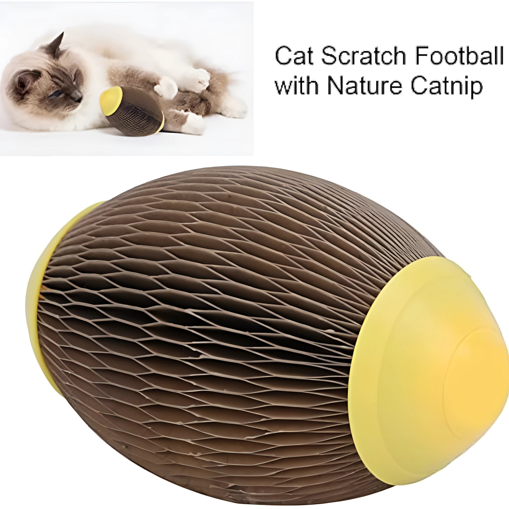 Ellipse-shaped catnip football toy made from brown recycled corrugated paper.