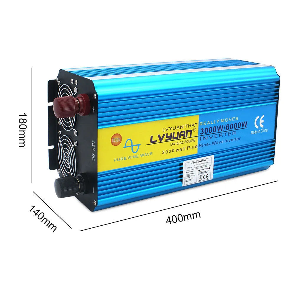Blue 3000W pure sine wave power inverter with digital display and remote control for 12V/24V to 220V conversion