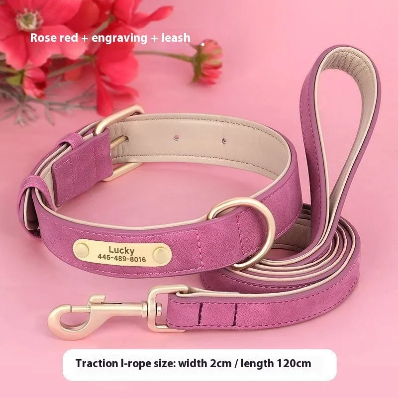 Brown double-layer leather dog collar with metal buckle and matching traction rope on a table