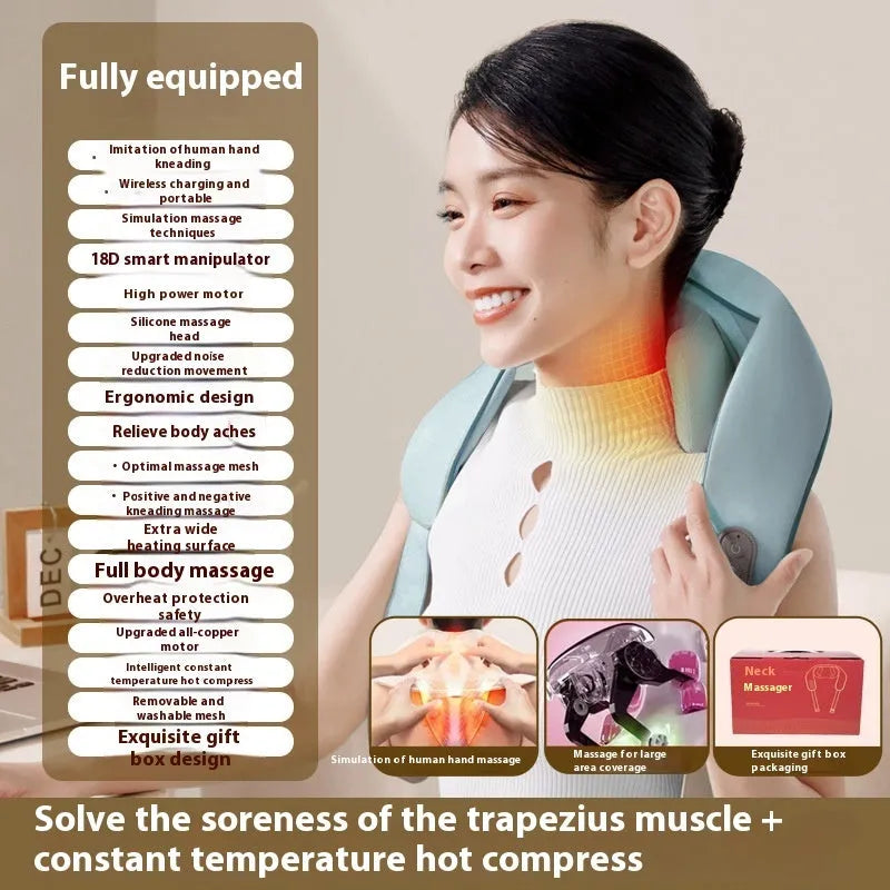 Blue foldable electric neck and back massager with heat settings on a table