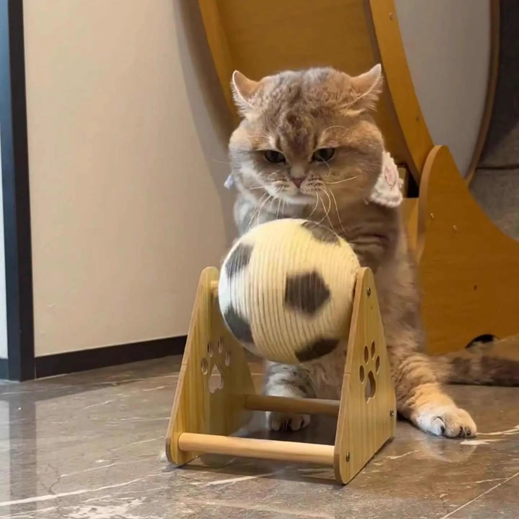 Vertical wooden grounder cat scratch board in football style with solid wood base and sisal hemp rope wrapping