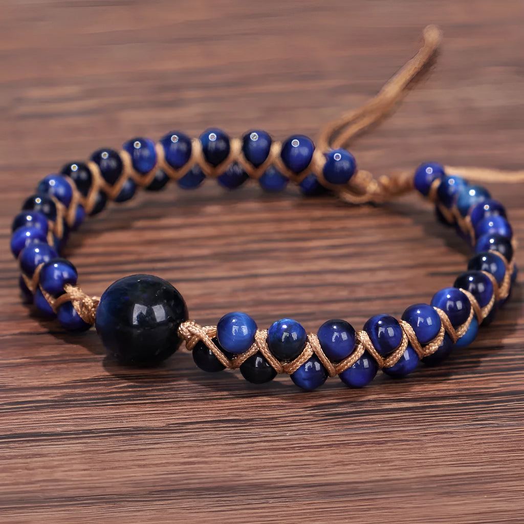 Handmade woven geometric pull bracelet with stone beads and elastic closure