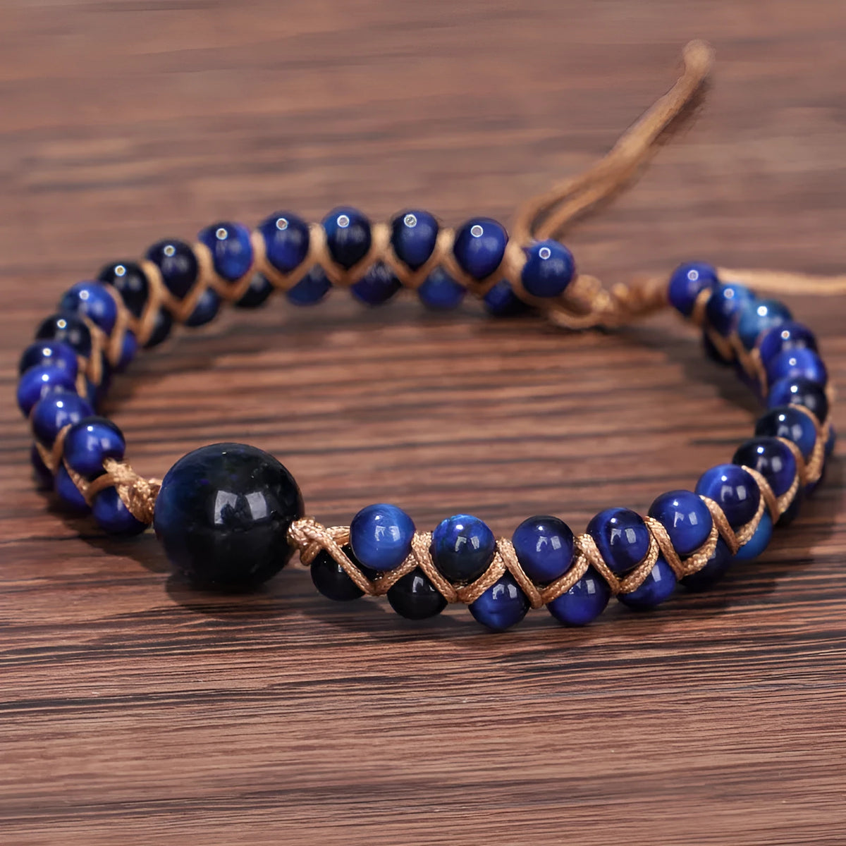 Handmade woven geometric pull bracelet with stone beads and elastic closure