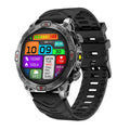 Sports smartwatch with AMOLED display in black, orange, or camouflage colours showing fitness metrics