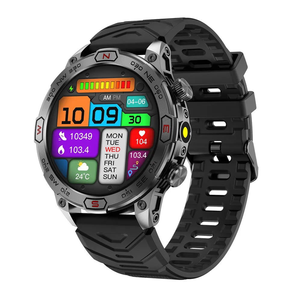 Sports smartwatch with AMOLED display in black, orange, or camouflage colours showing fitness metrics