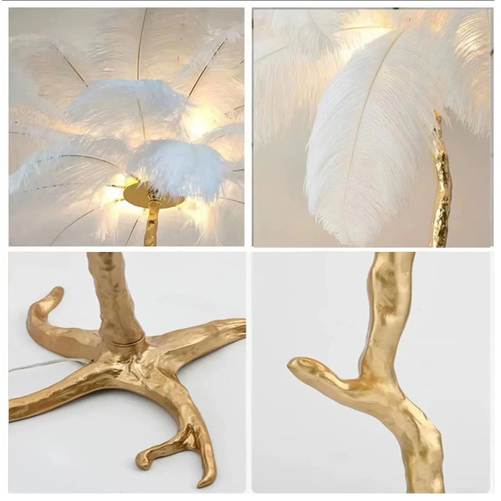 Tall decorative floor lamp with many white resin feathers and a dark base on a wooden floor.
