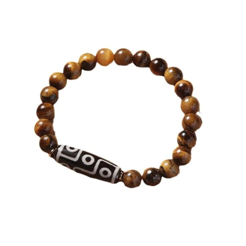Ethnic tigereye single circle Buddha rosary bracelet showing bead details and spiritual design