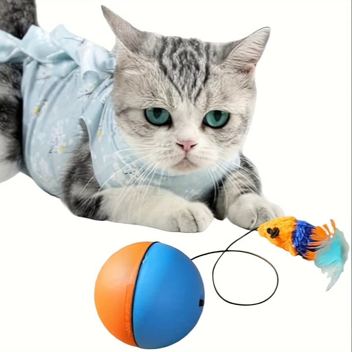 Interactive cat toy ball with plush mouse attachment in grey or orange colour