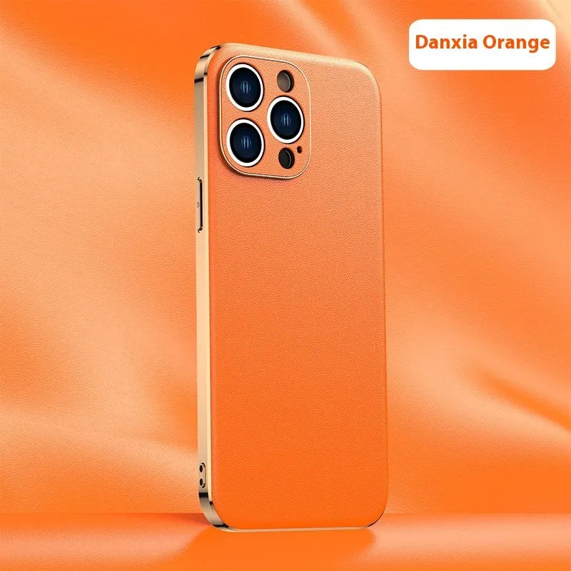 Genuine leather iPhone case with Napa texture, anti-fall and anti-fingerprint, in black, light blue, dark green, light purple and orange.