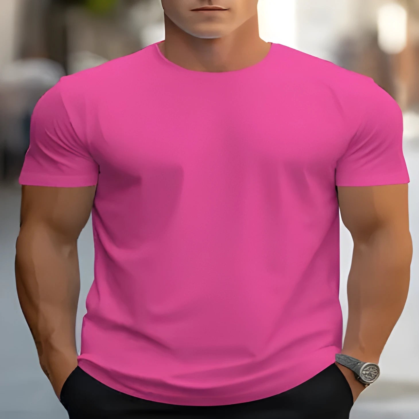Men's loose fit printed t-shirt in polyester bird eye cloth with round neck and short sleeves