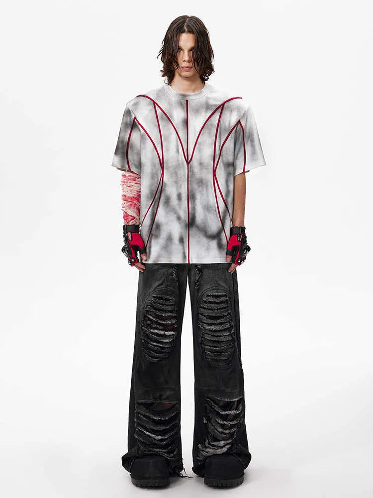 Padded shoulder short sleeve T-shirt with three-dimensional line patchwork round neck