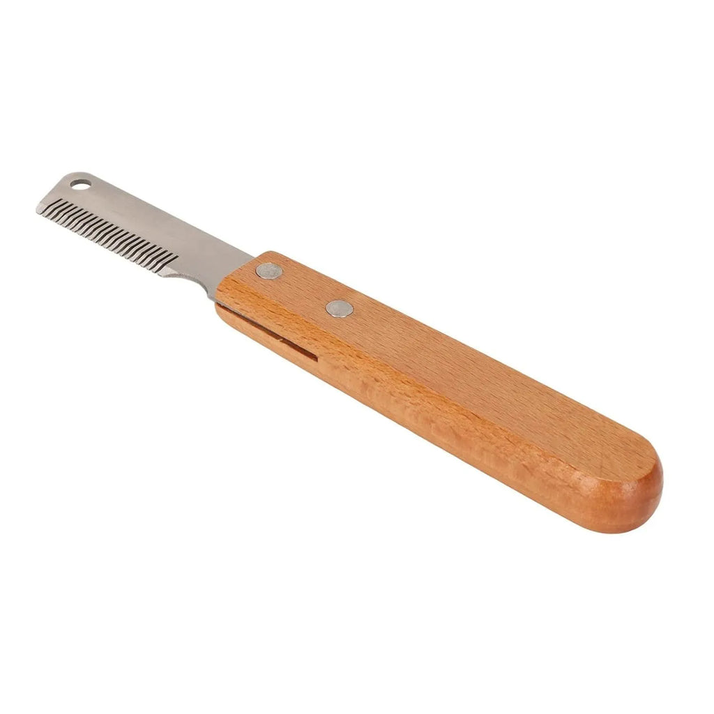 Wood handle pet stripping comb for grooming cats and dogs with metal fittings