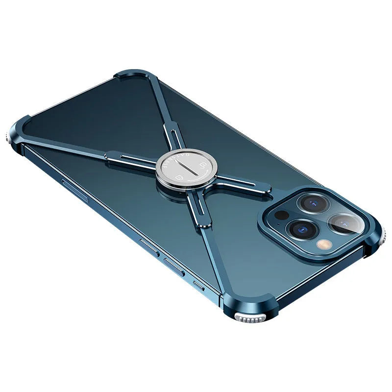 Metal phone case with X-shape design, airbag corners, and magnetic lock for iPhone 12 13 series in silver