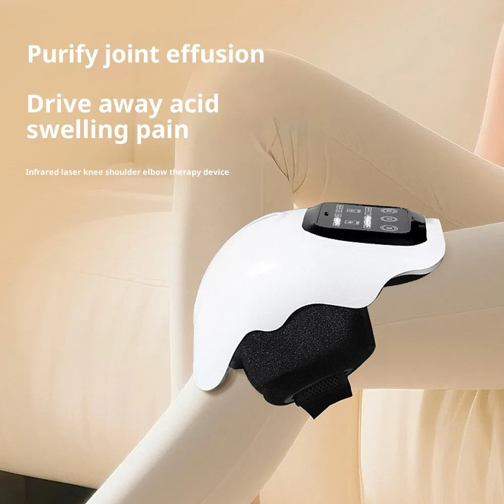 White LCD smart electric heating knee massager with infrared heat therapy for legs, on a table