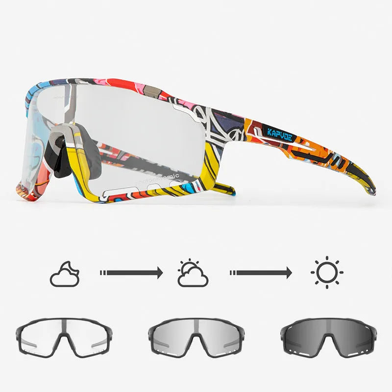 Photochromic cycling sunglasses with semi-rimless TR90 frame on a bicycle helmet.